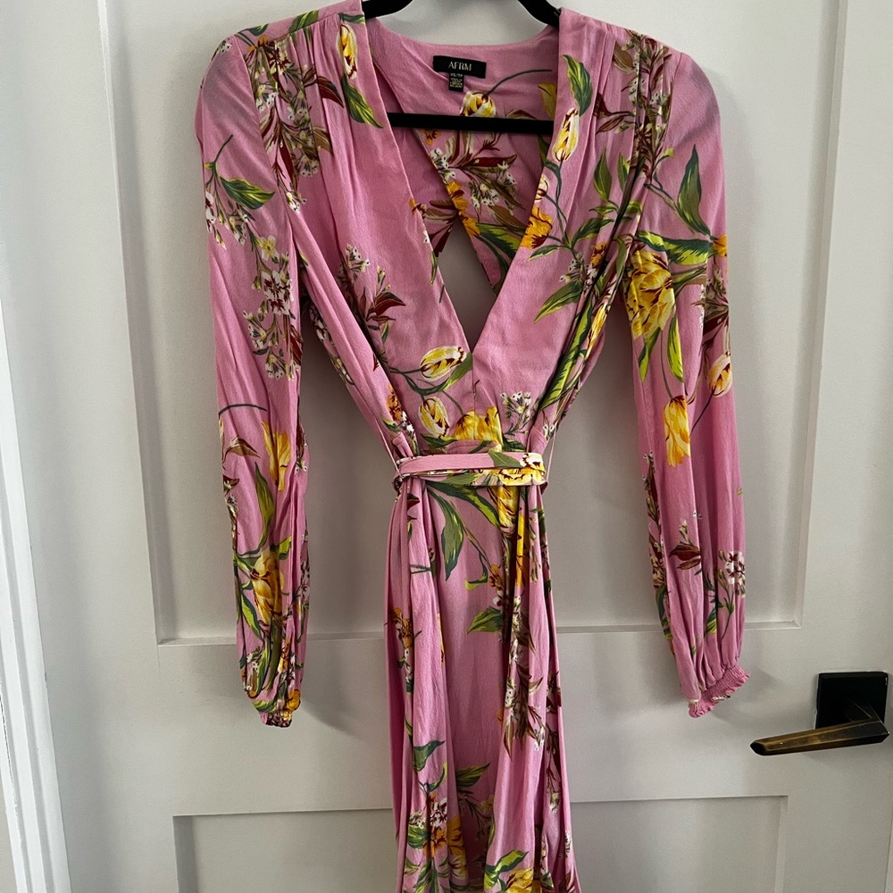 AFRM Pink and yellow Floral long sleeve woven Dress with open back detail